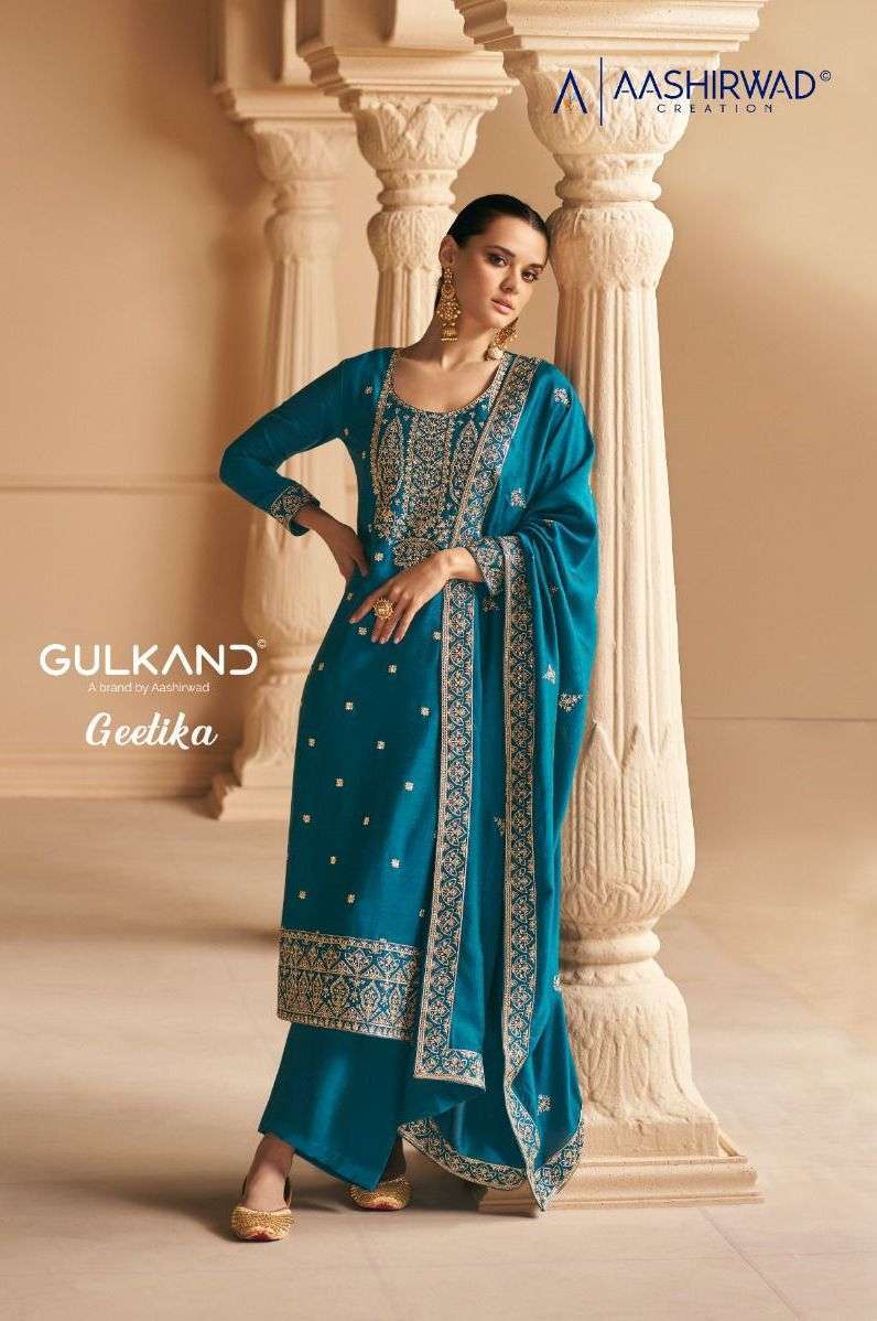 AASHIRWAD GULKAND GEETIKA BEAUTYFUL WORK SILK SALWAR KAMEEZ SUPPLIER SURAT