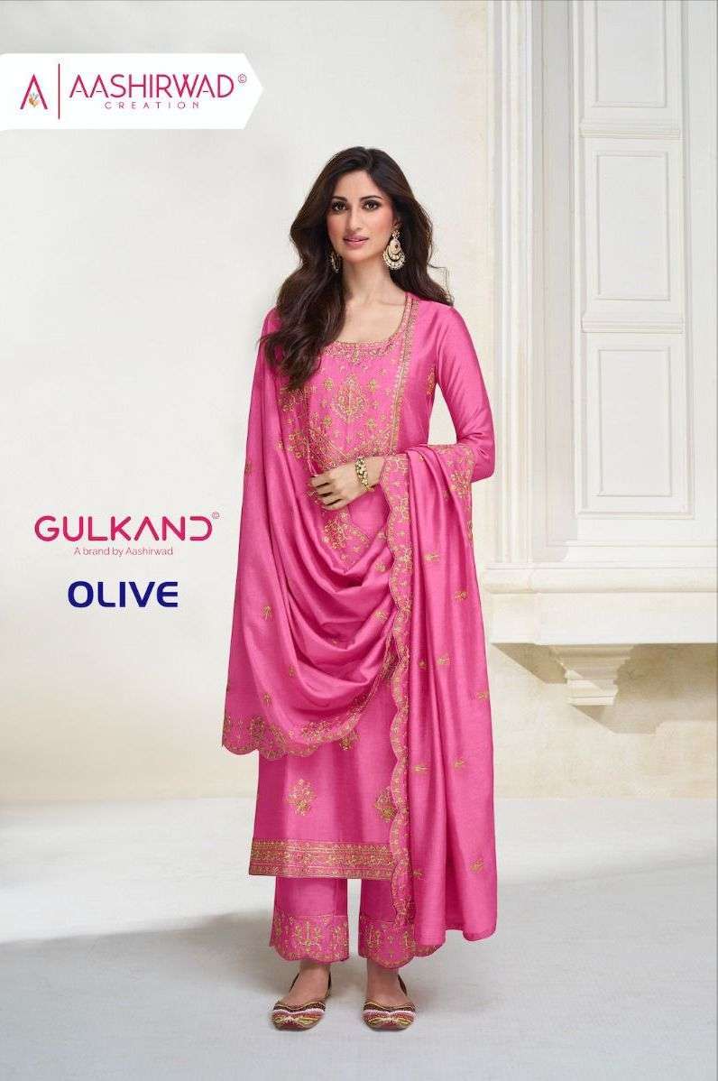 AASHIRWAD GULKAND OLIVE DESIGNER PREMIUM SILK SUIT CATLOG SUPPLIER SURAT