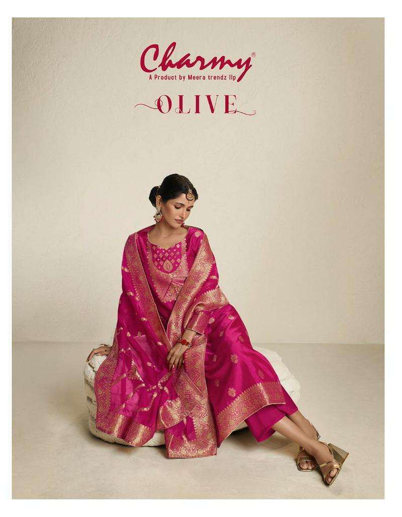 CHARMY OLIVE PURE SILK JACARD SUIT WHOLESALER