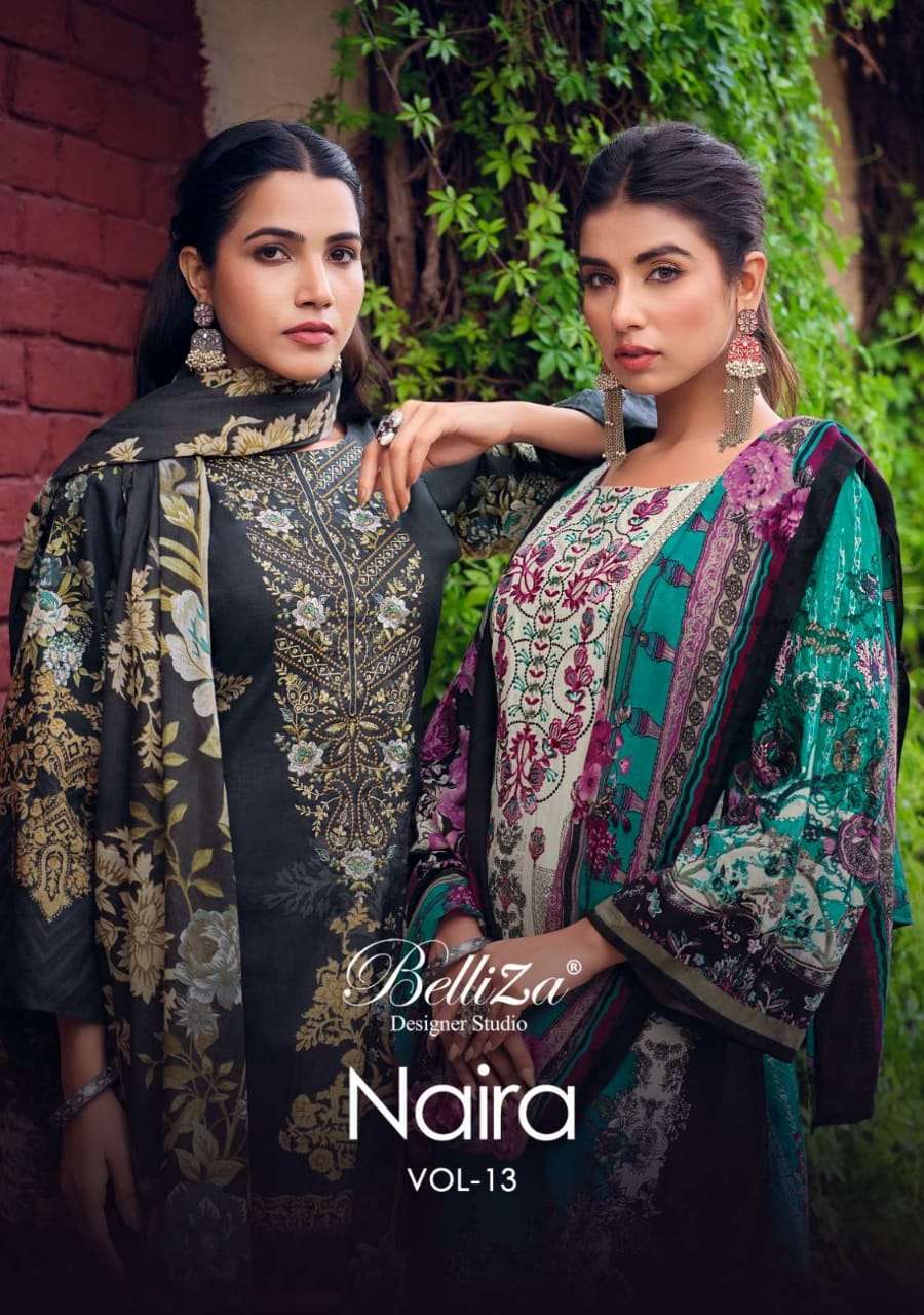 NAIRA VOL 13 BY BELLIZA COTTON DIGITAL PRINT SELF EMBRODERY PAKISATNI SUIT DEALER 