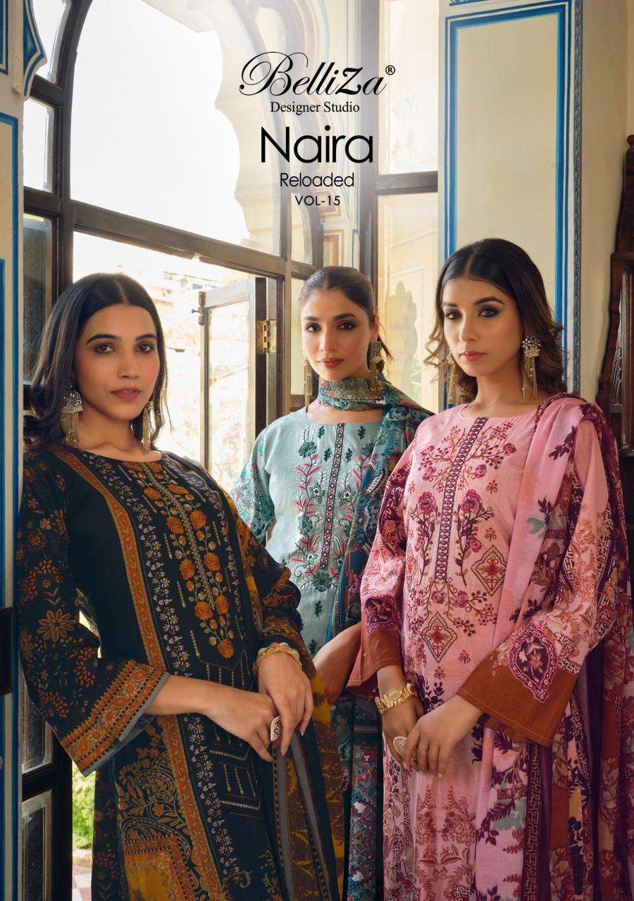 BELLIZA NAIRA VOL15 COTTON KARACHI PRINT SELF EMBRODERY SUIT CATLOG DEALER 