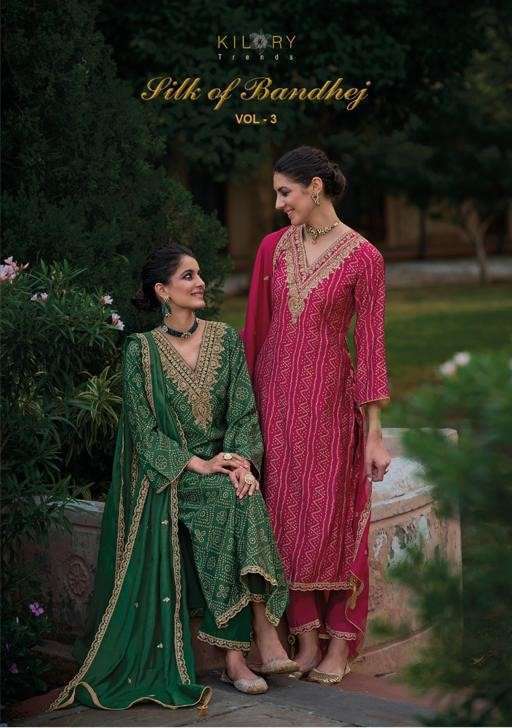 SILK OF BANDHEJ VOL 3 BY KILORY TRENDZ MUSLIN SILK BANDHNI SALWAR KAMEEZ EXPORTER