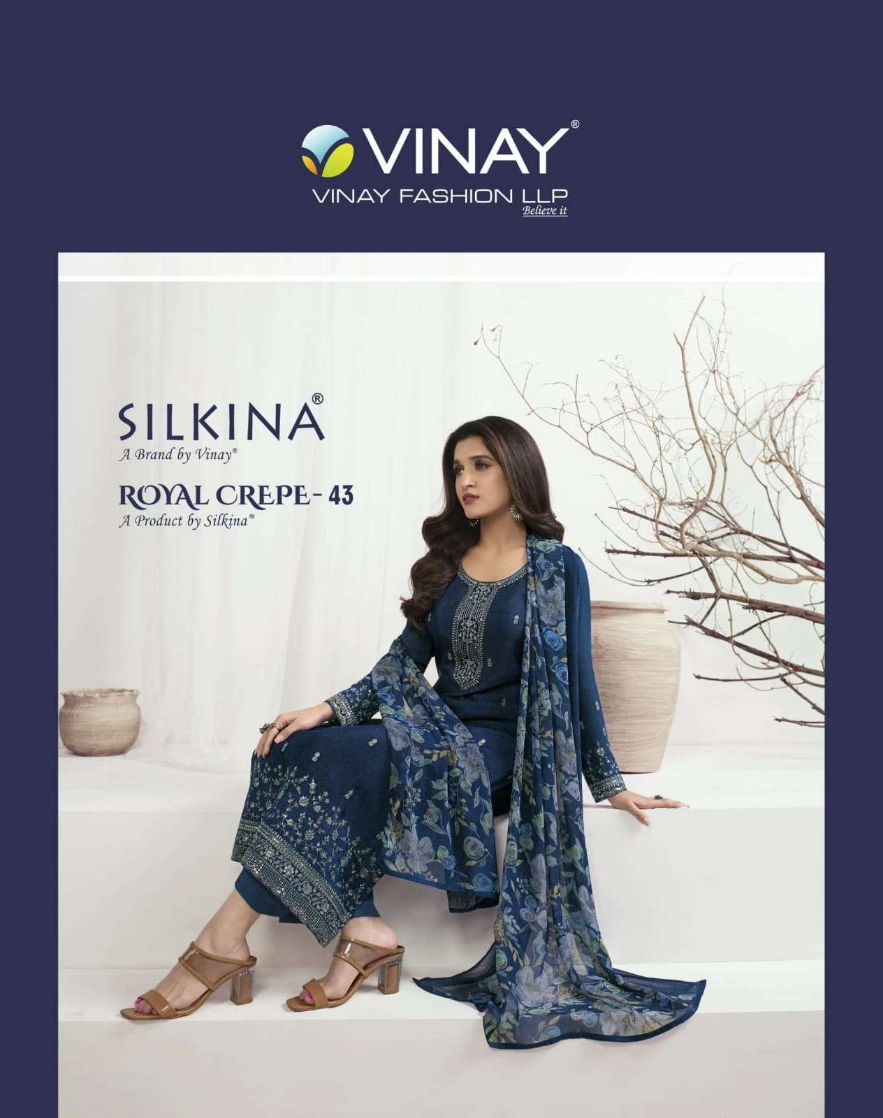 VINAY FASHION SILKINA ROYAL CREAP VOL43 3PCS DRESS MATERIAL EXPOTER