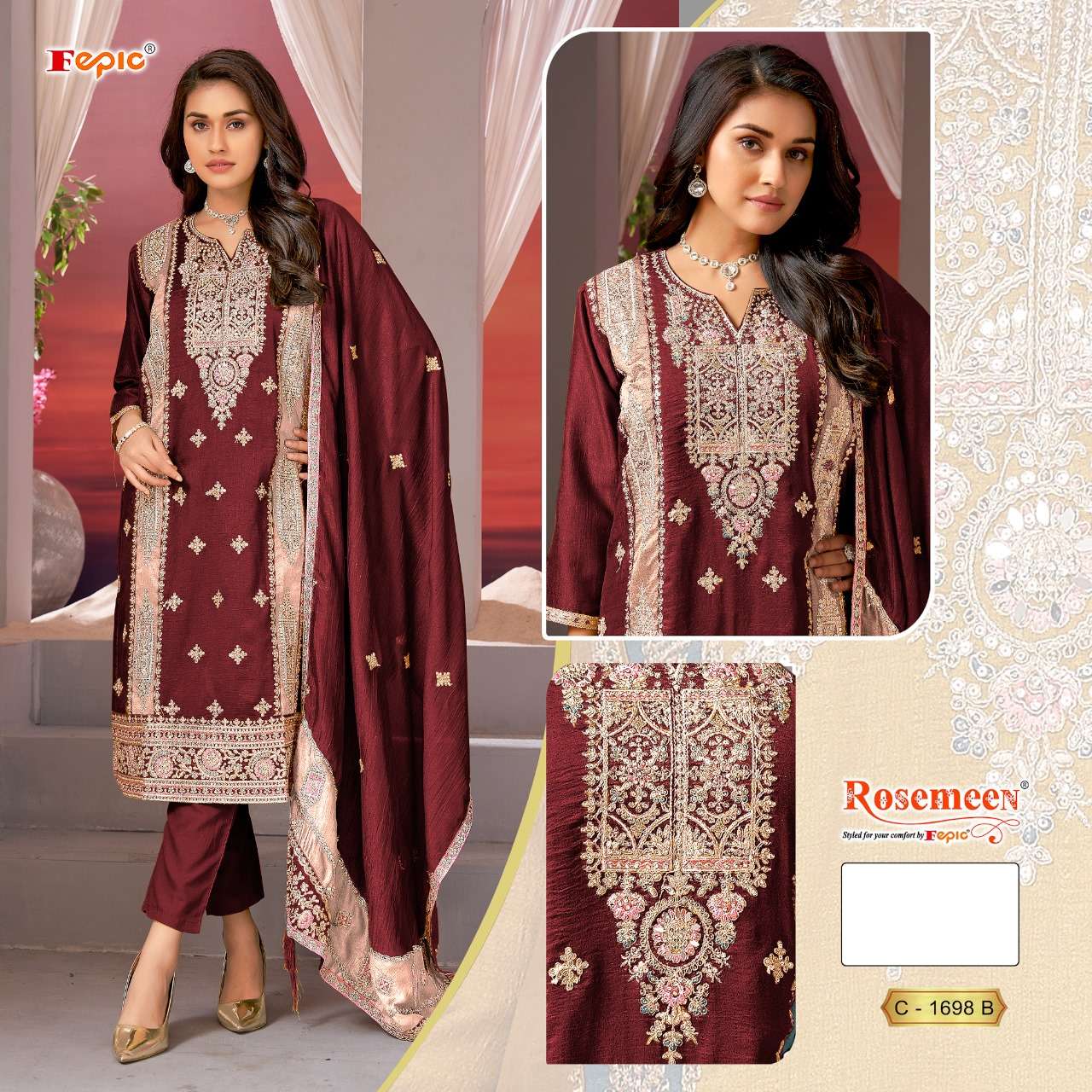 fepic rosemeen c1698 pakistani patch work suit online supplier surat