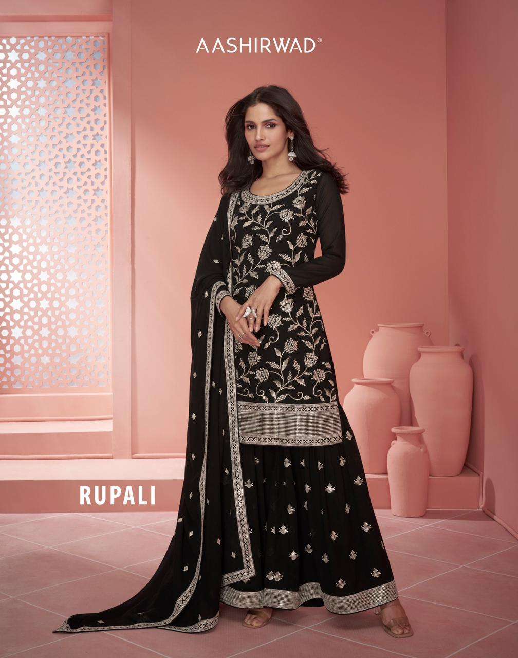 AASHIRWAD RUPALI REAL GEORGETTE PATYWARE BLACK AND WHITE COLLECTION