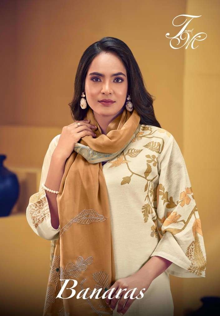 T AND M BANARAS LINEN DIGITAL HANDWORK LADIES SUIT COLLECTION 