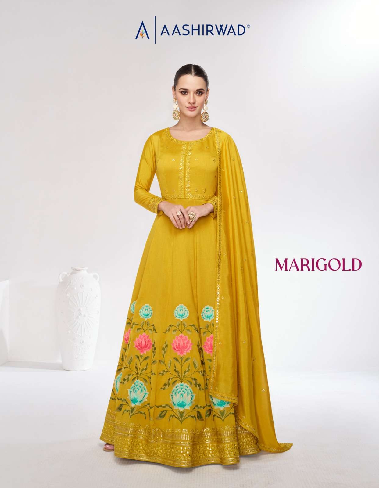 AASHIRWAD MARIGOLD DESIGNER PARTYWEAR GOWN READYMADE 