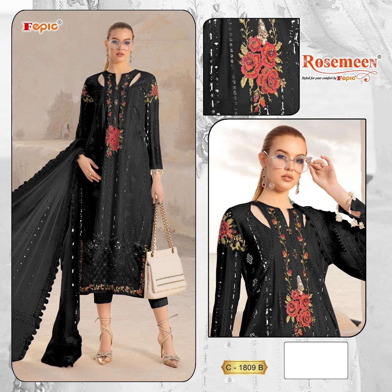 FEPIC C1809 ROSEMEEN BLACK AND WHITE PAKISTANI DRESS 