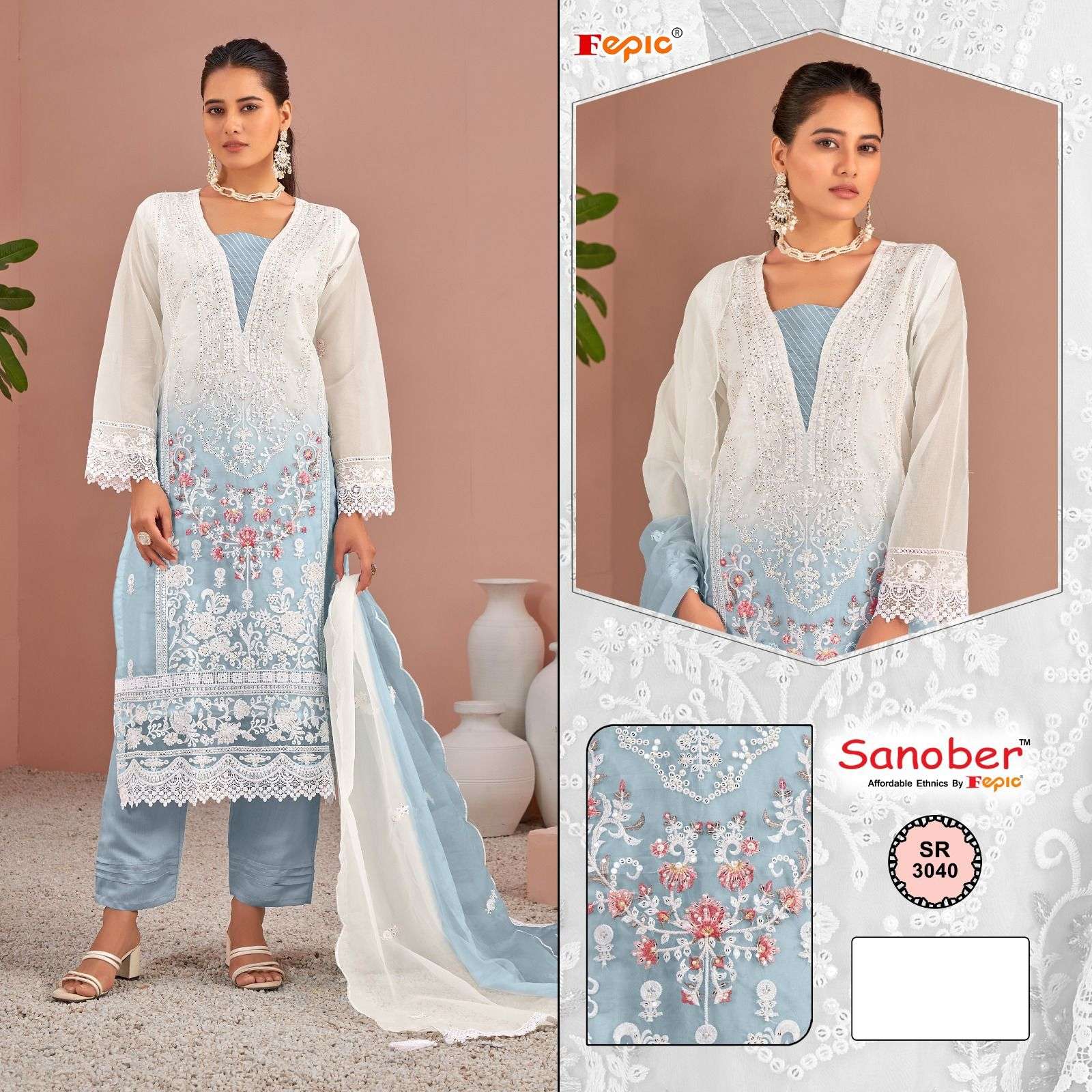 FEPIC SANONAR SR3040 PAKISTANI READYMADE ORGENZA DRESS ONLINE STORE DEALER