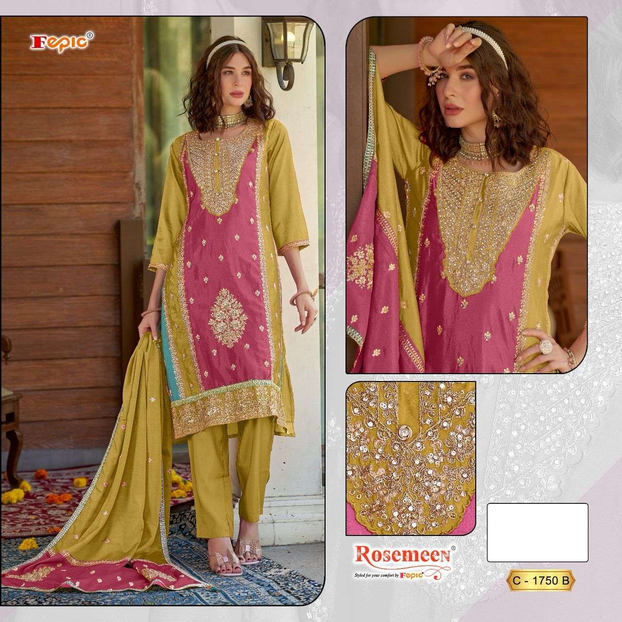 FEPIC C1750 ROSEMEEN CHINON PAKISTANI CUTTING PASTING LATEST PAKISTANI SUIT SUPPLIER SURAT