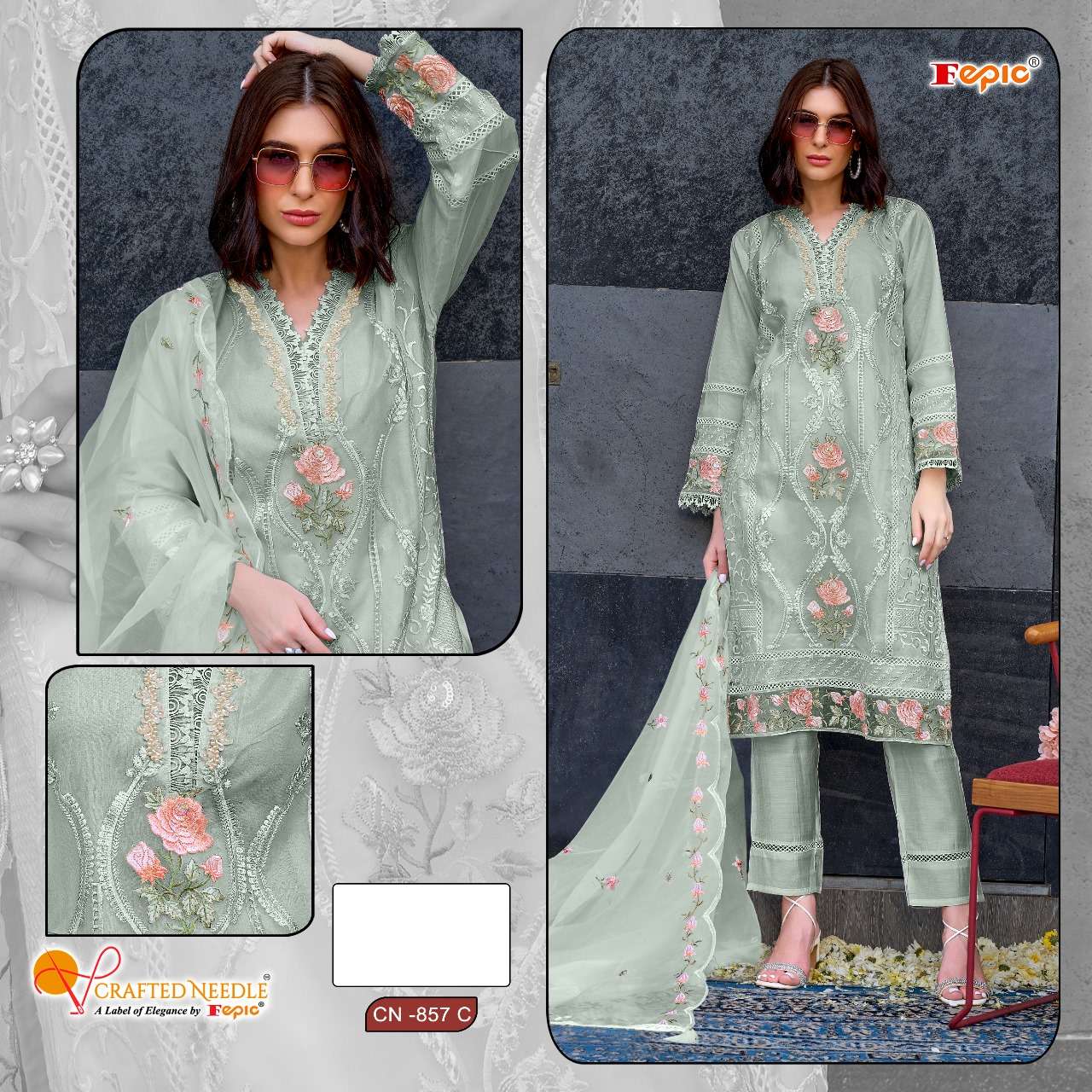 FEPIC CN857 CRAFTED NEEDLE ORGENZA PAKISTANI READYMADE 3 PCS BUY WHOLESALE SURAT 