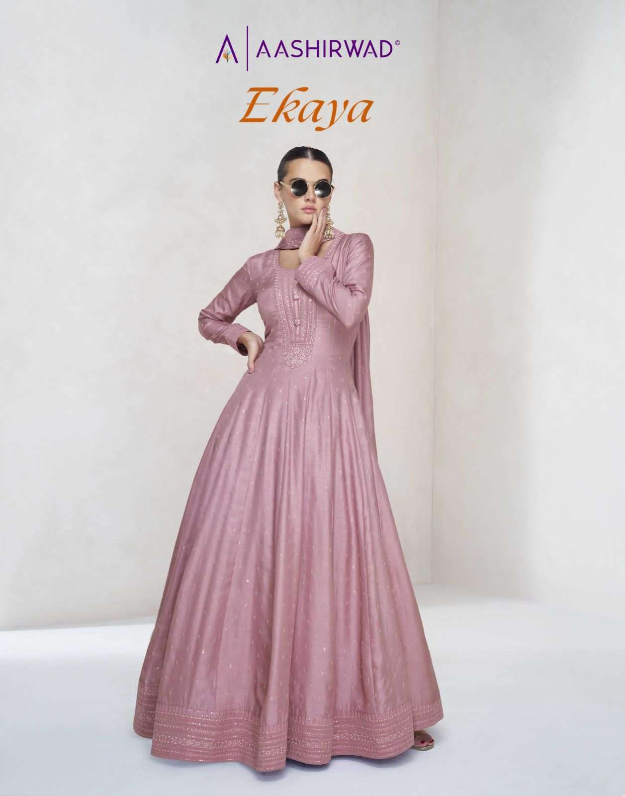 AASHIRWAD EKAYA SILK LONG GOWN FESTIVAL WEAR LADIES READYMADE SUIT SURAT