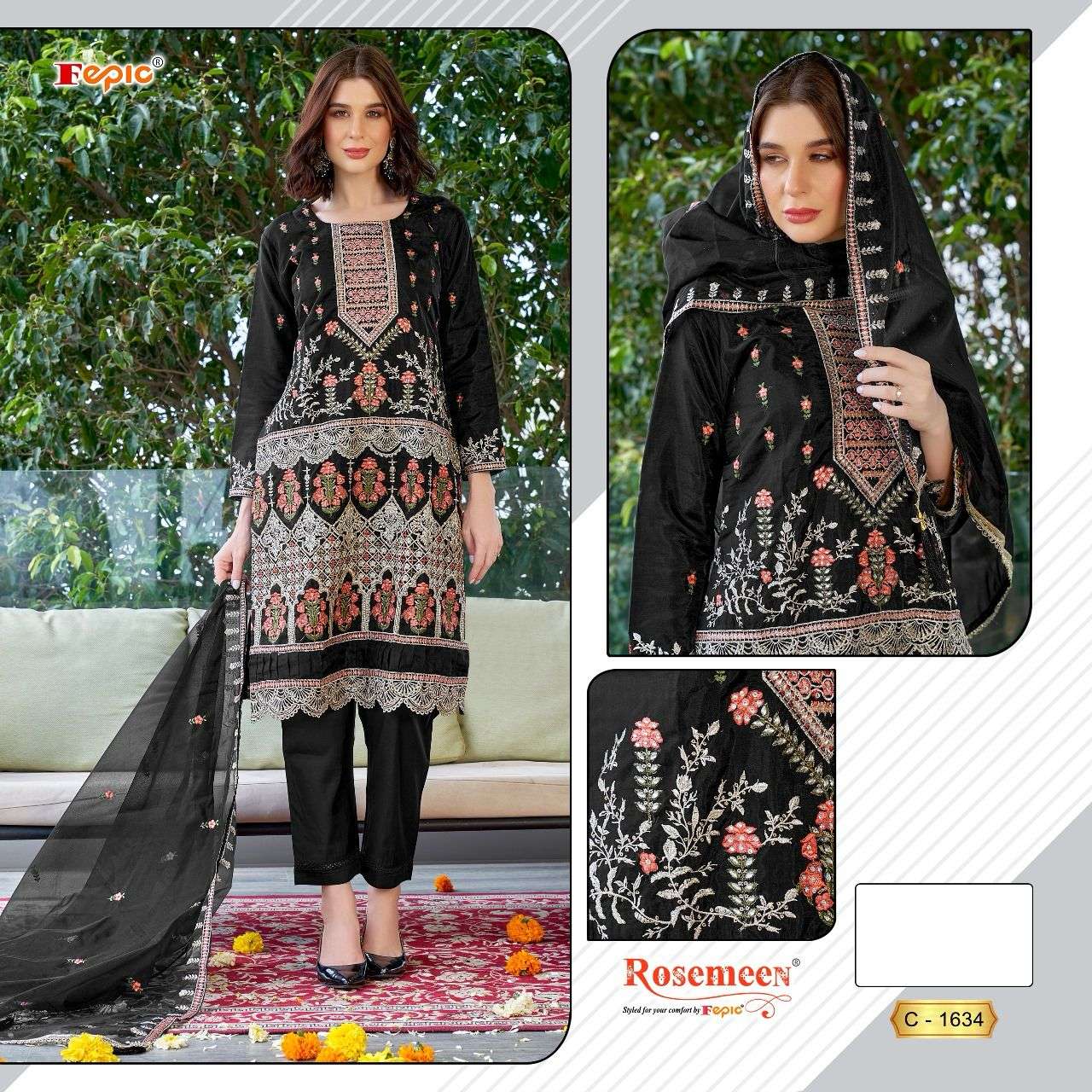 FEPIC C1634 ROSEMEEN ORGENZA PAKISTANI SUIT WITH HANDWORK SURAT ONLINE DEALER 