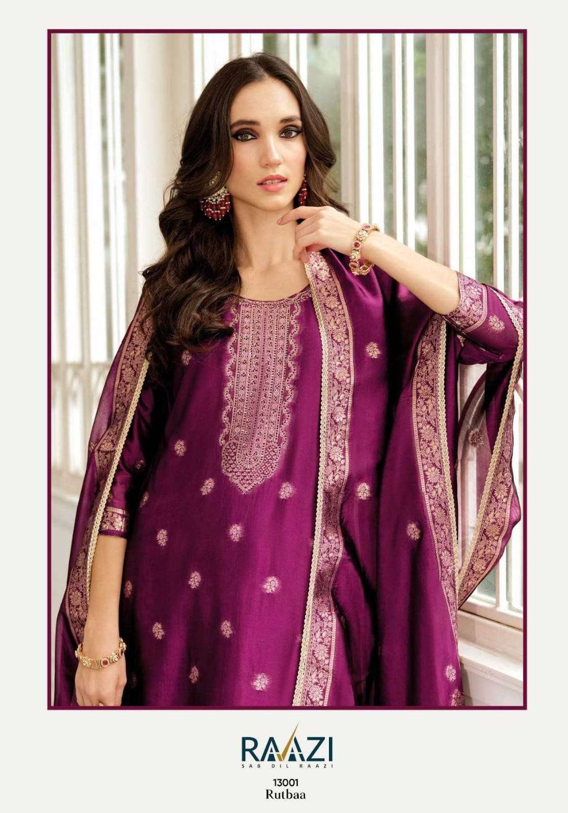 RAAZI RUTBAA VOL 13 PURE SILK JACQUARD  PARTYWEAR SUIT WHOLESALER 