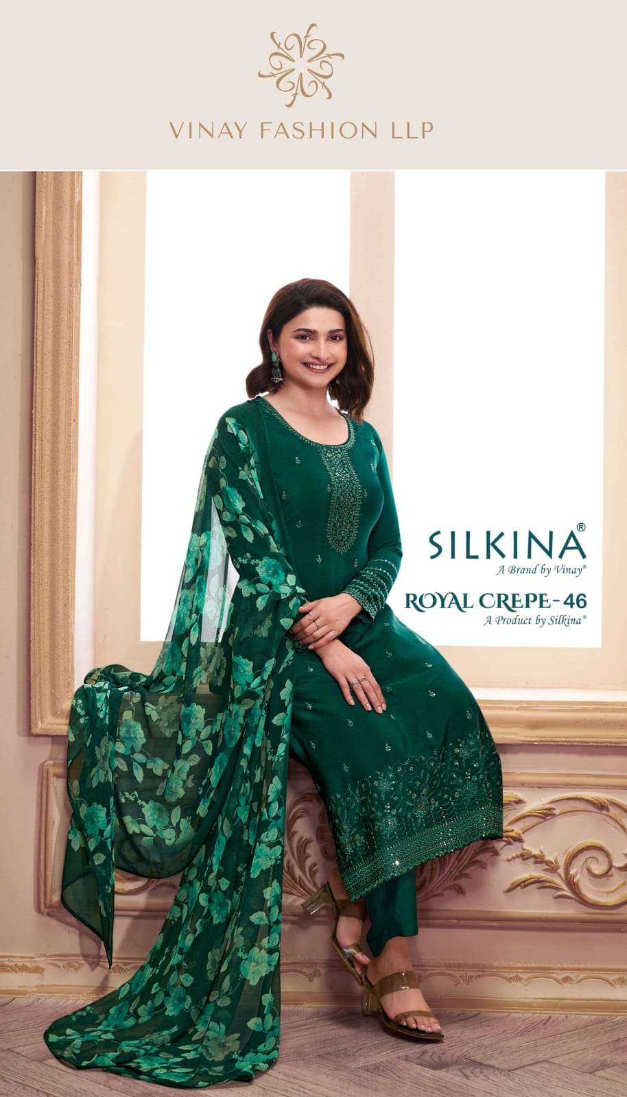 SILKINA  ROYAL CREPE 46 BY VINAY CREAP PRINT SUIT EXPOTER SURAT 