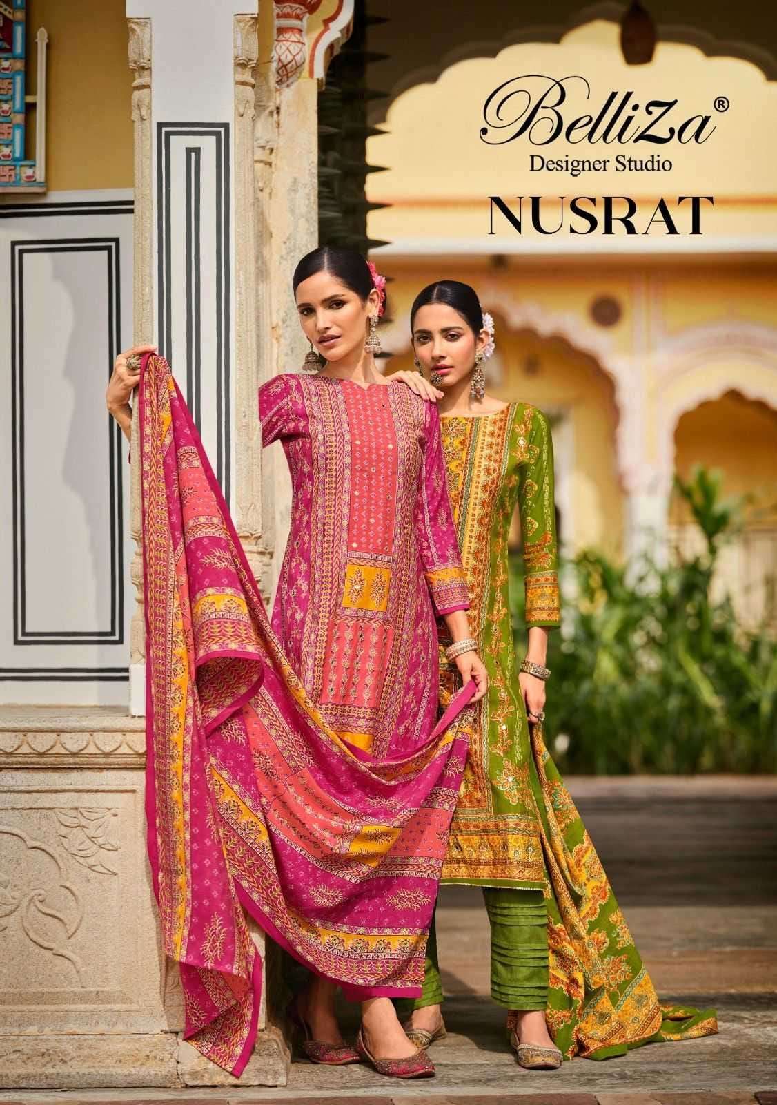 BELLIZA NUSRAT MUSLIN DIGITAL PRINT AARI WORK SUIT CATALOUGE SURAT