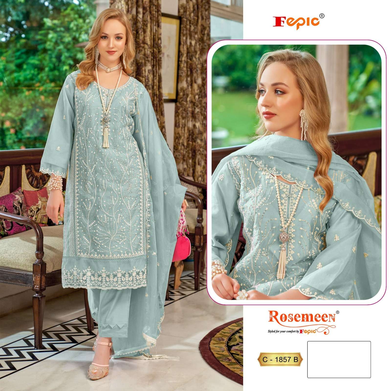 FEPIC 1857 ROSEMEEN ORGENZA PAKISTANI INDIAN SUIT SUPPLIER ONLINE SURAT