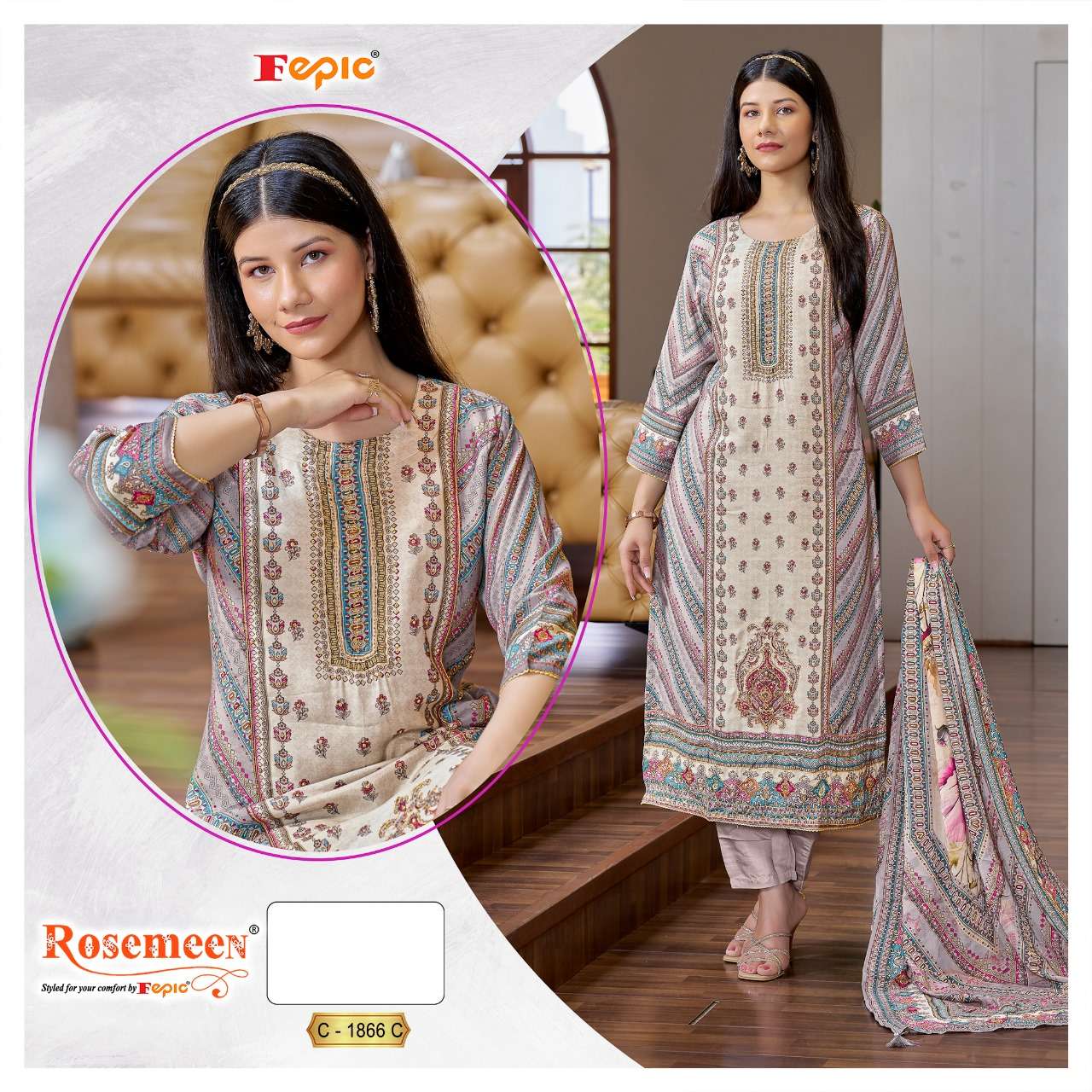 FEPIC 1866 ROSEMEEN MUSLIN DIGITAL PRINT WITH HANDWORK SUIT SURAT