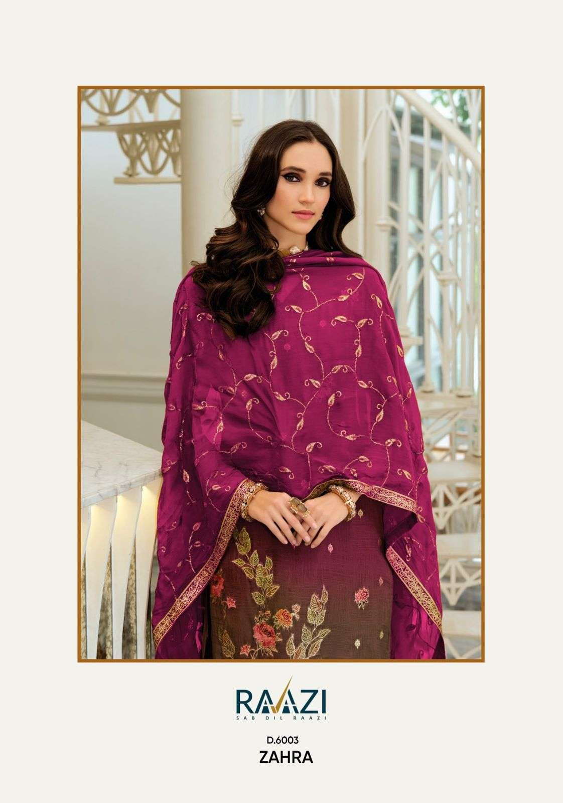 RAAZI ZAHRA VOL 6 VISCOUSE ORGENZA DIGITAL PRINT BRANDED SUIT COLLECTION SURAT 