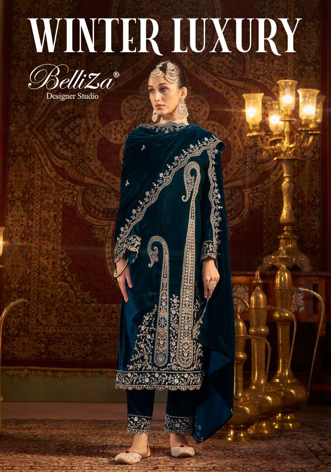 BELLIZA WINTER LUXURY VELVET FANCY WORK LADIES SUIT CATALOGUE WHOLESALE INDIA