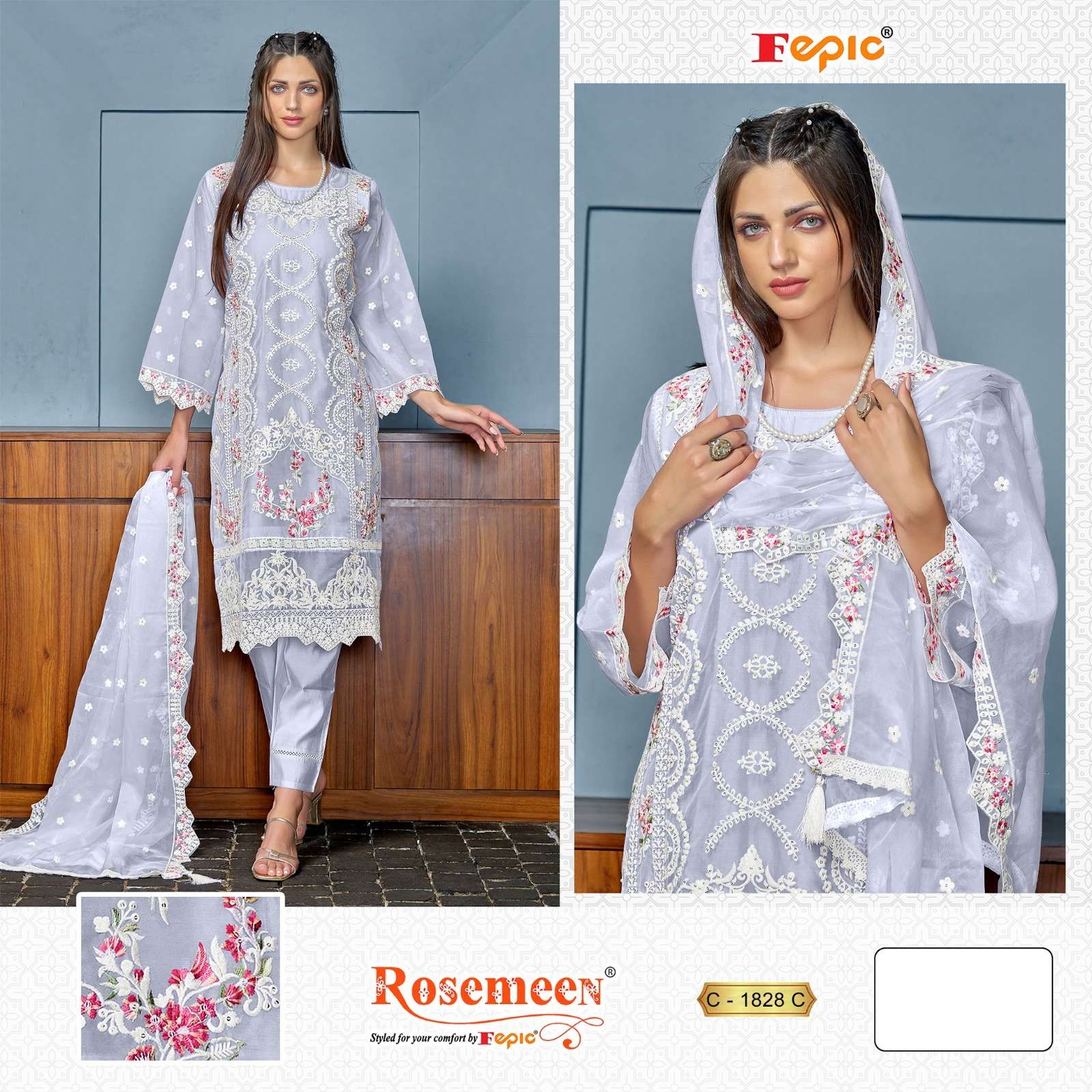 FEPIC 1828 ROSEMEEN ORGENZA EMBROIDERY PAKISTANI DRESS ONLINE DELAER SURAT