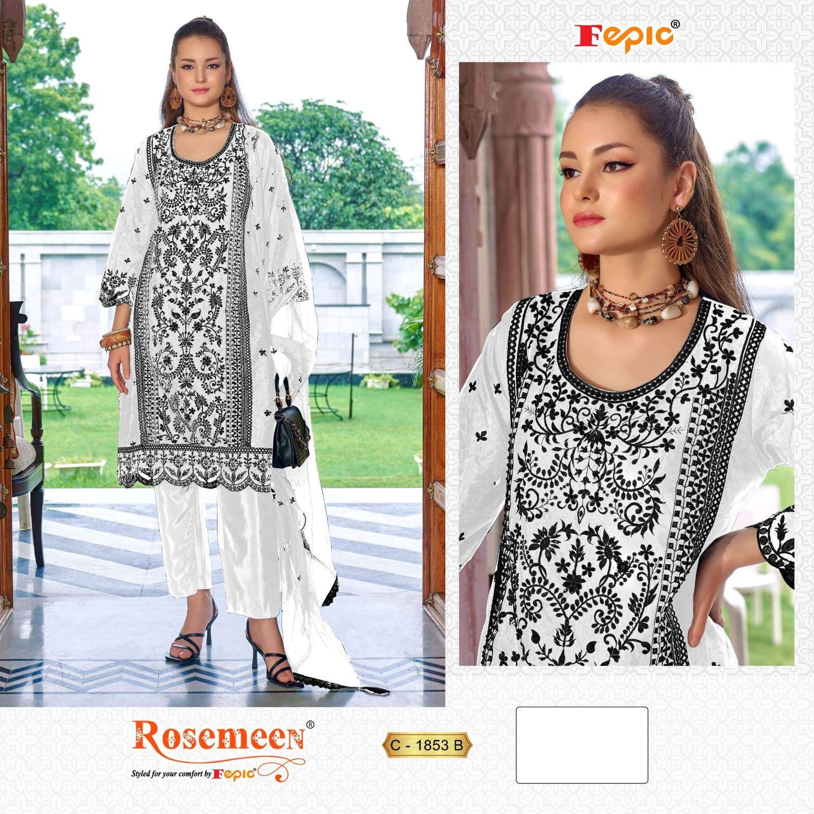 FEPIC 1853 ROSEMEEN BLACK AND WHITE ORGENZA PAKISTANI SUIT WHOLSALER 