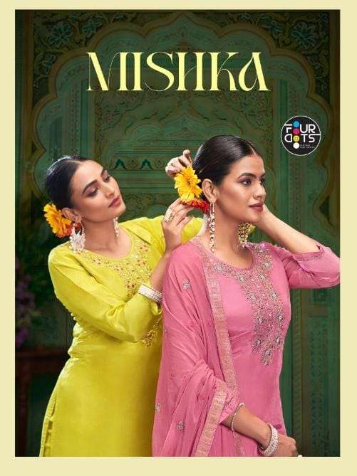 FOUR DOTS MISHKA ORGENZA WITH KHATLI WORK SUIT BUY WHOLESALE SURAT DEALER