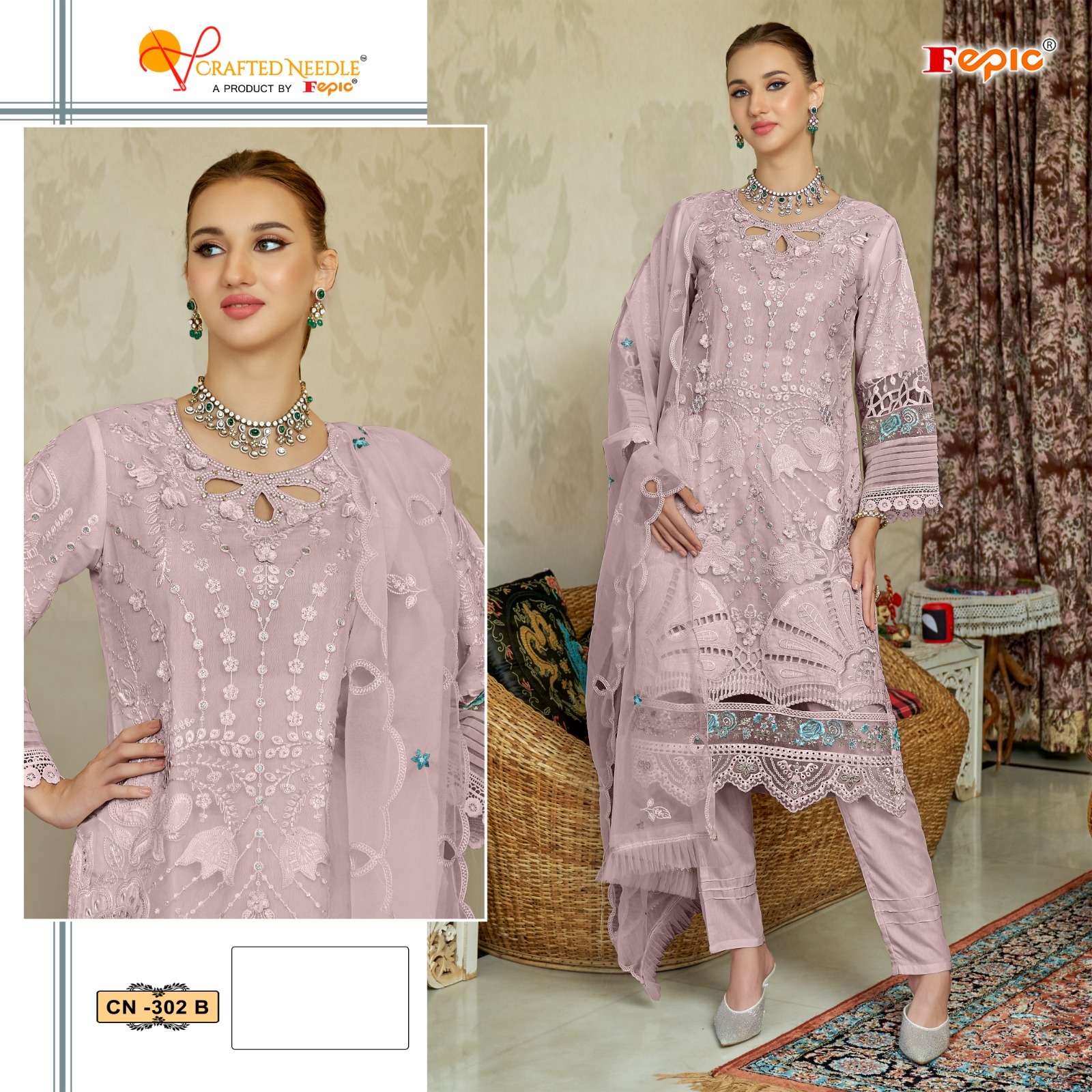 FEPIC CN302 CRAFTED NEEDLE ORGENZA PAKISTANI READYMADE BUY WHOLESALE SURAT