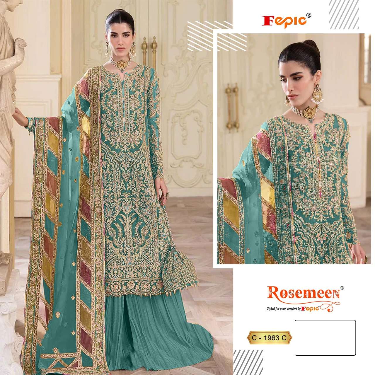 fepic rosemeen 1963 Organza Embroidered Suits with Handwork buy wholesale surat