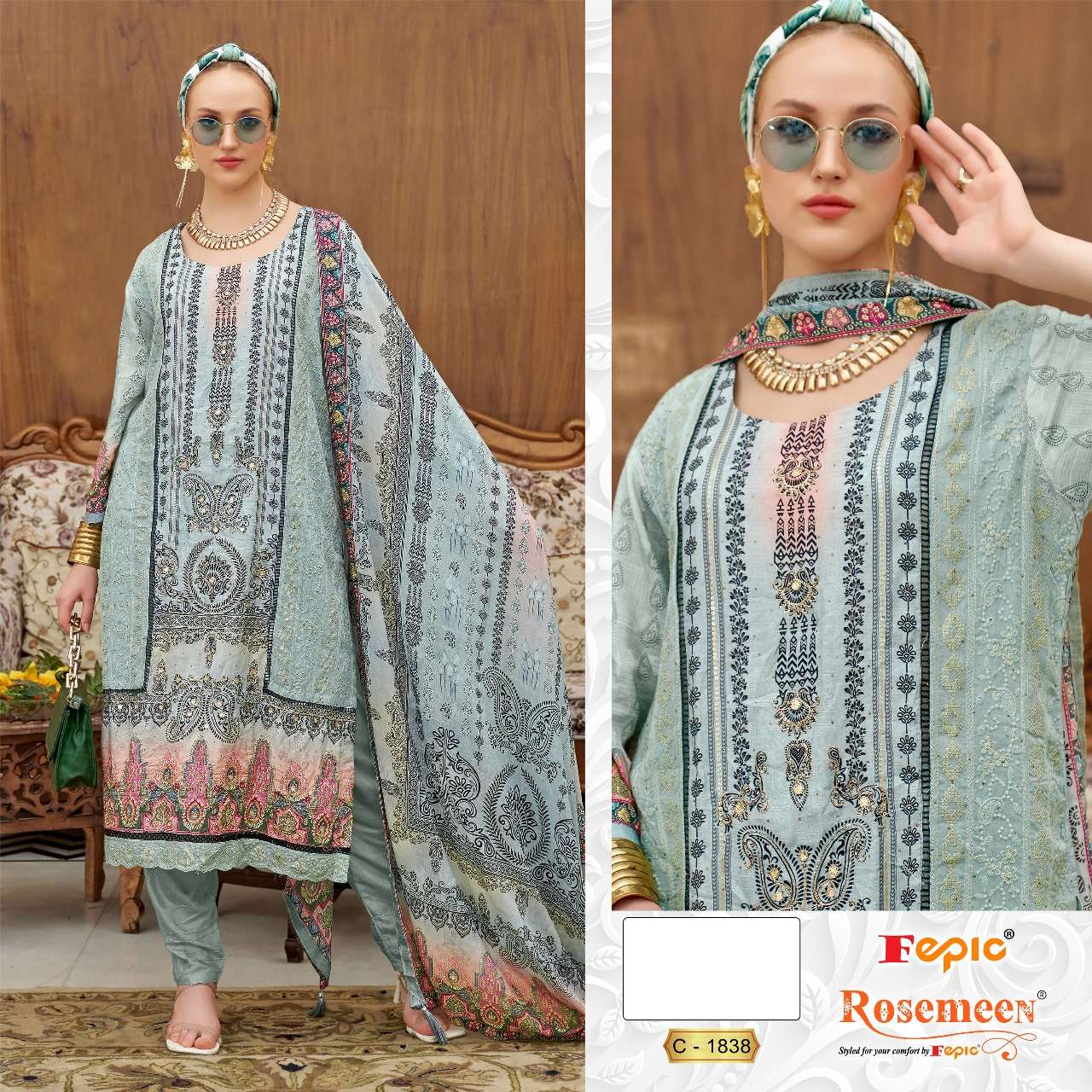 FEPIC rosemeen d.no.1838 primium muslin embrodery suit set online dealer surat